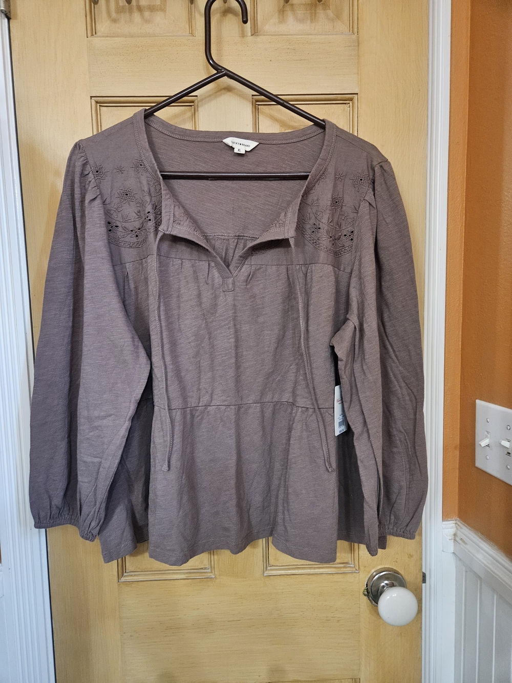 Lucky Brand Casual Cotton Blend Long-Sleeve Peasant Top - Dusty Brown
